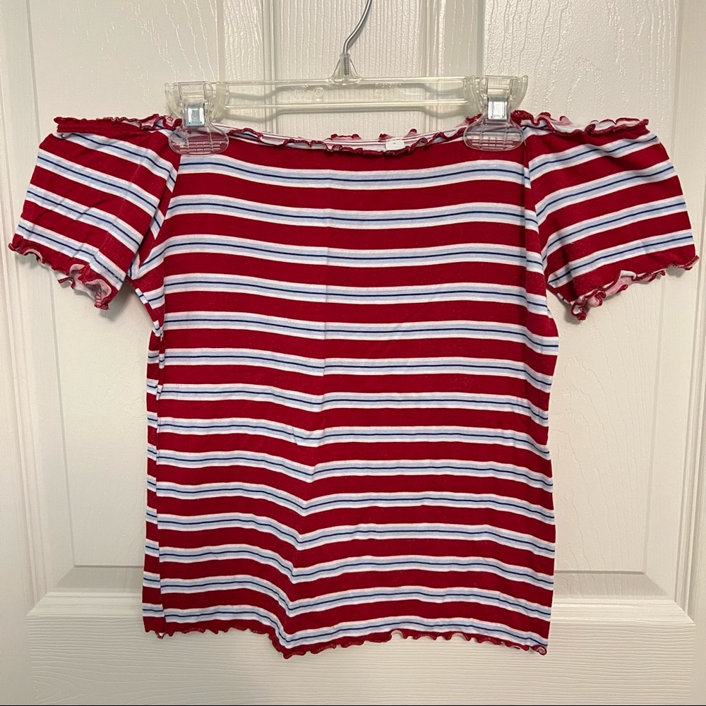 Pacsun red blue and white striped lettuce edge off the shoulder top